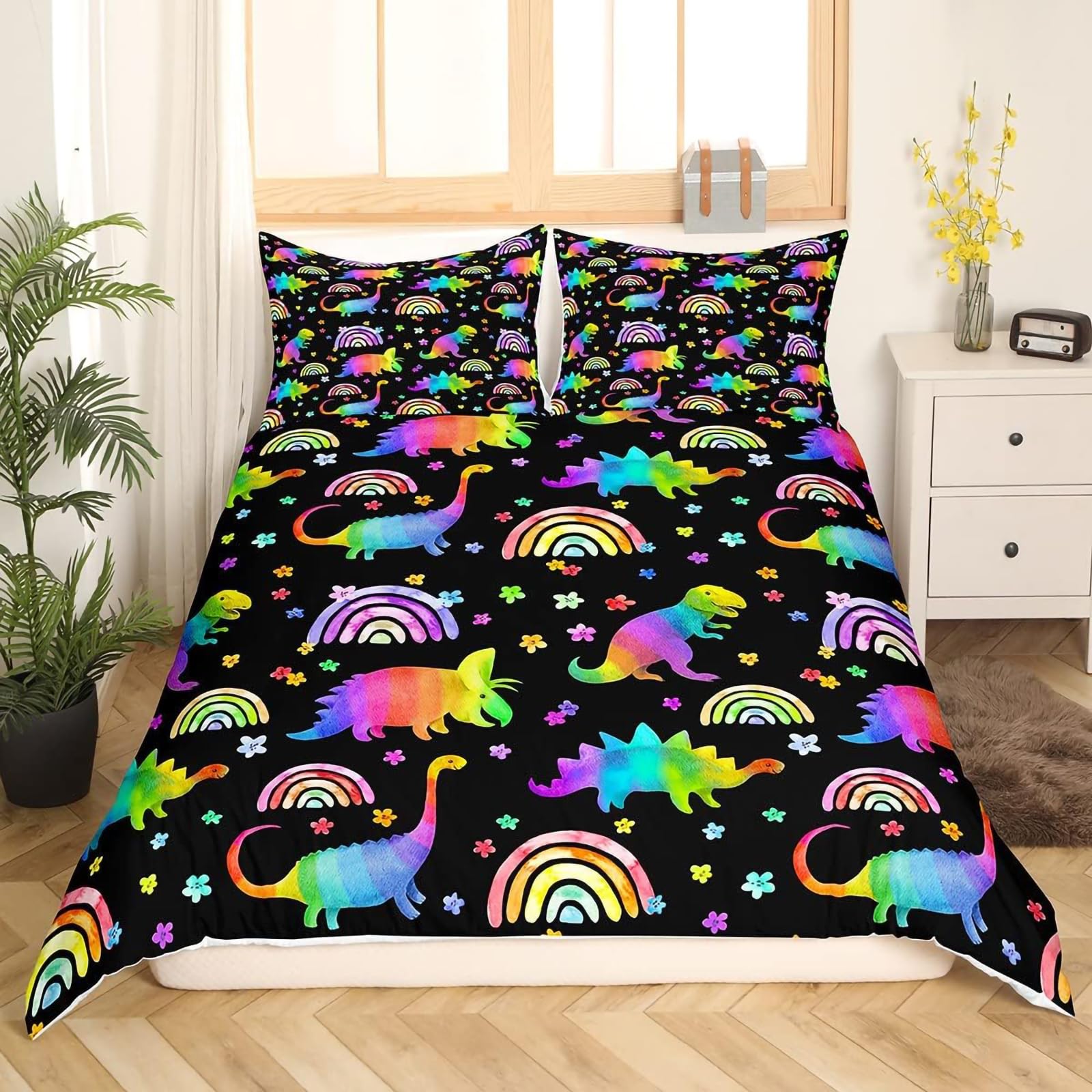 Tabeskly Kids Boy Dinosaur Rainbow Soft Zipper Bed Bedding Duvet Cover Set Double Blue 200×200cm