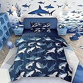Boys Shark Bedding Set Ocean Sealife Comforter Set for Kids Youth Teens,Under Sea Marine Life Duvet Insert,Underwater World Creature Bed Quilt,Nautical Sea Animal Bedroom Decor Twin Size Navy Blue