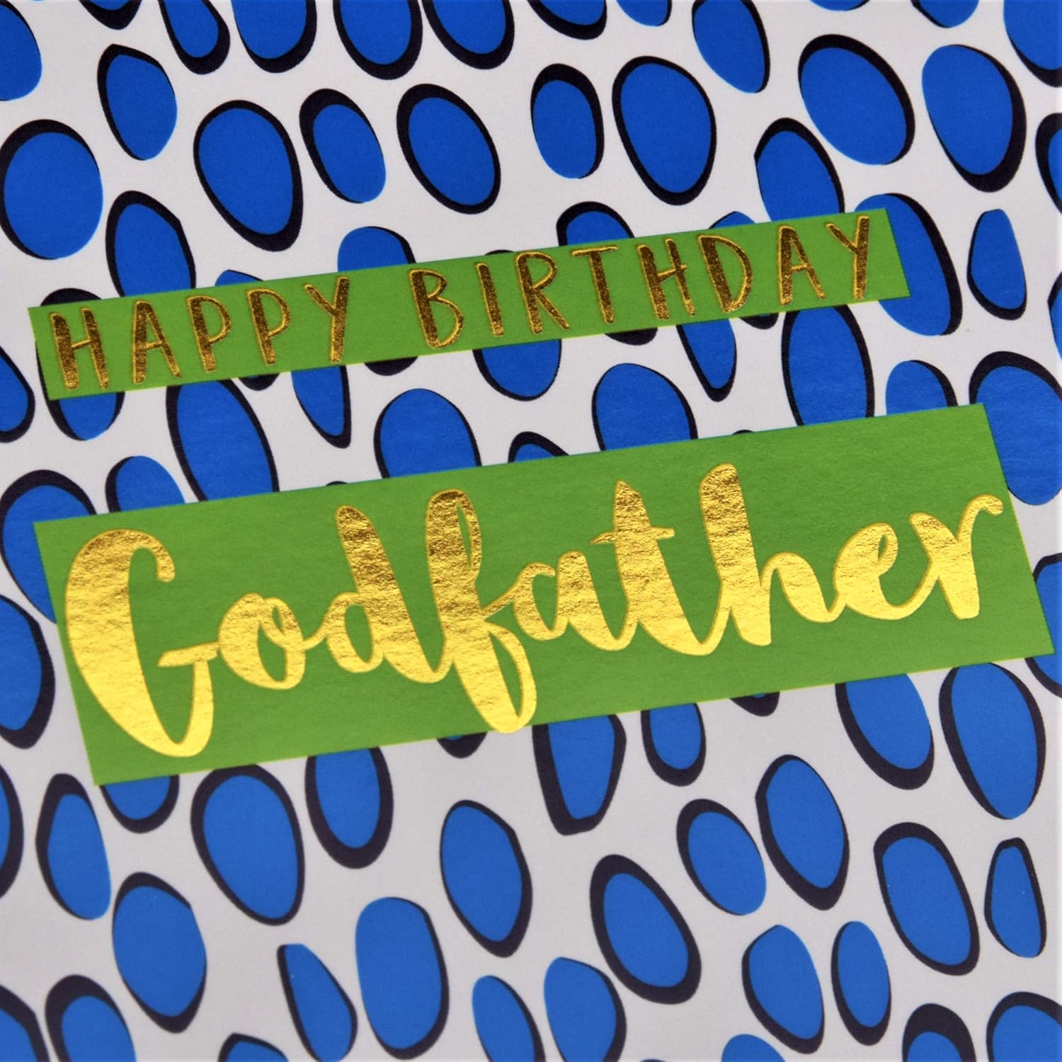 Claire Giles Greeting Cards, Happy Birthday Godfather Card, Blue Dots, Text Foiled in Shiny Gold - Image 4