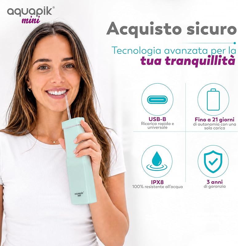 Aquapik® Mini Idropulsore Dentale Portatile 200ml USB-C 3 Modalità IPX8 Jet