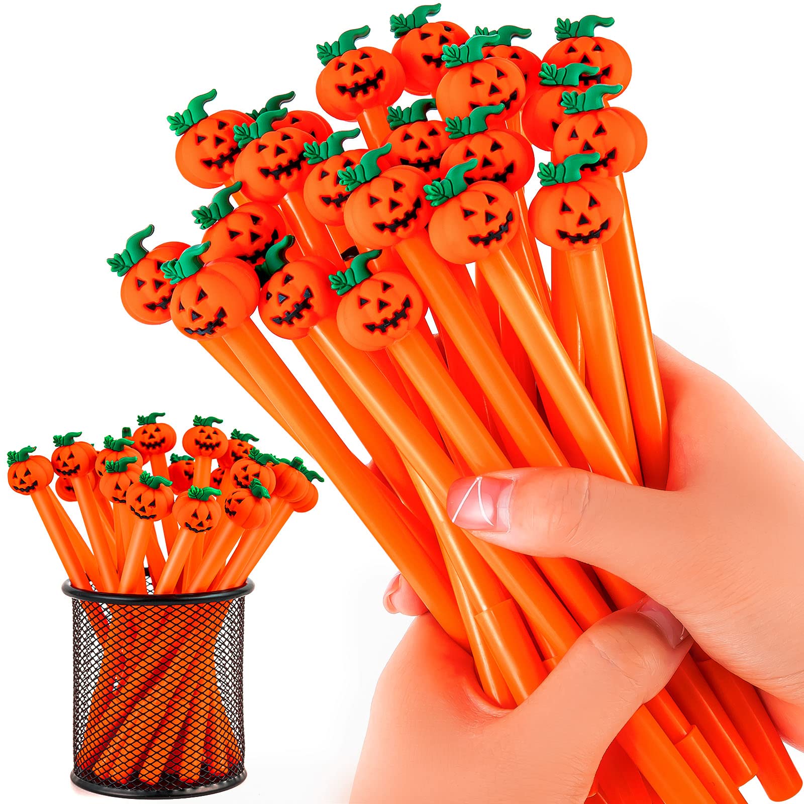 Photo 1 of 30 Pcs Halloween Pens, Cute Pumpkin Shape Skull Heads Pens, 0.5 MM Bulk Black Rollerball Pen for Halloween Thanksgiving Party Supplies School Office
