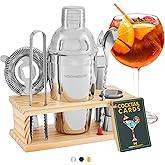 Modern Mixology Cocktail Shaker Set - 8 Piece Bartender Kit on Quality Pine Stand | Complete Cocktail Kit Gift Set | Top Bartender Gifts for Men | Leak Proof Design (Silver)