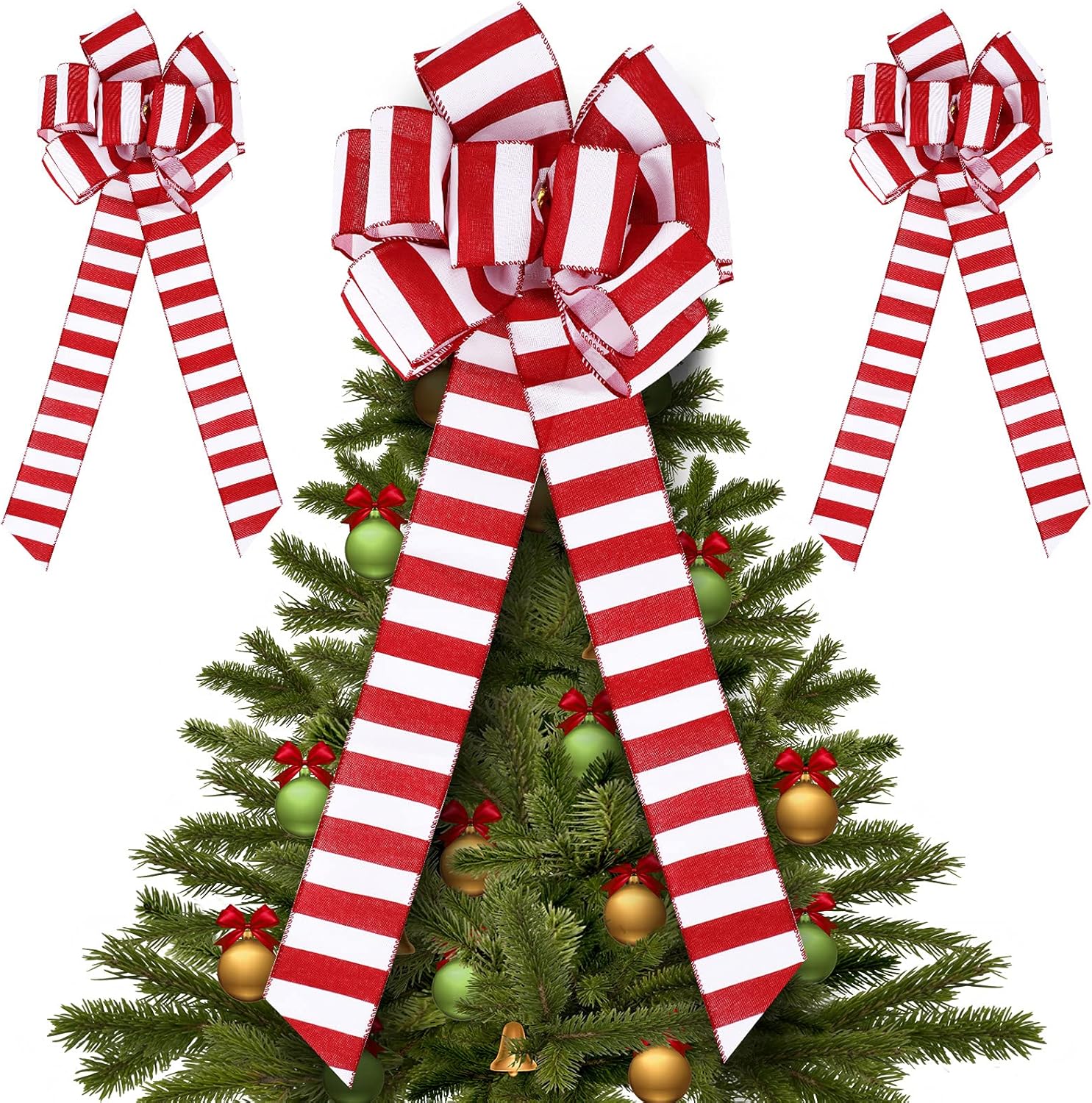 Bows & Ribbons - WILLBOND Christmas Red White Bow Red White Stripe Christmas Bow Candy Cane Pattern Burlap Bow Large Wreath Bow Decorative Ribbon Bows Bow for Tree Holiday Decoration Supplies, 25.6 x 9.8 Inch