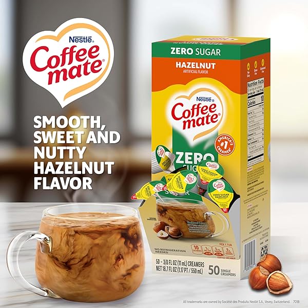 NESTLE COFFEE MATE COFFEE CREAMER, ZERO SUGAR HAZELNUT, LIQUID CREAMER SINGLES, NON DAIRY, NO REFRIGERATION, 0.375 FL OZ TUBS (PACK OF 200)