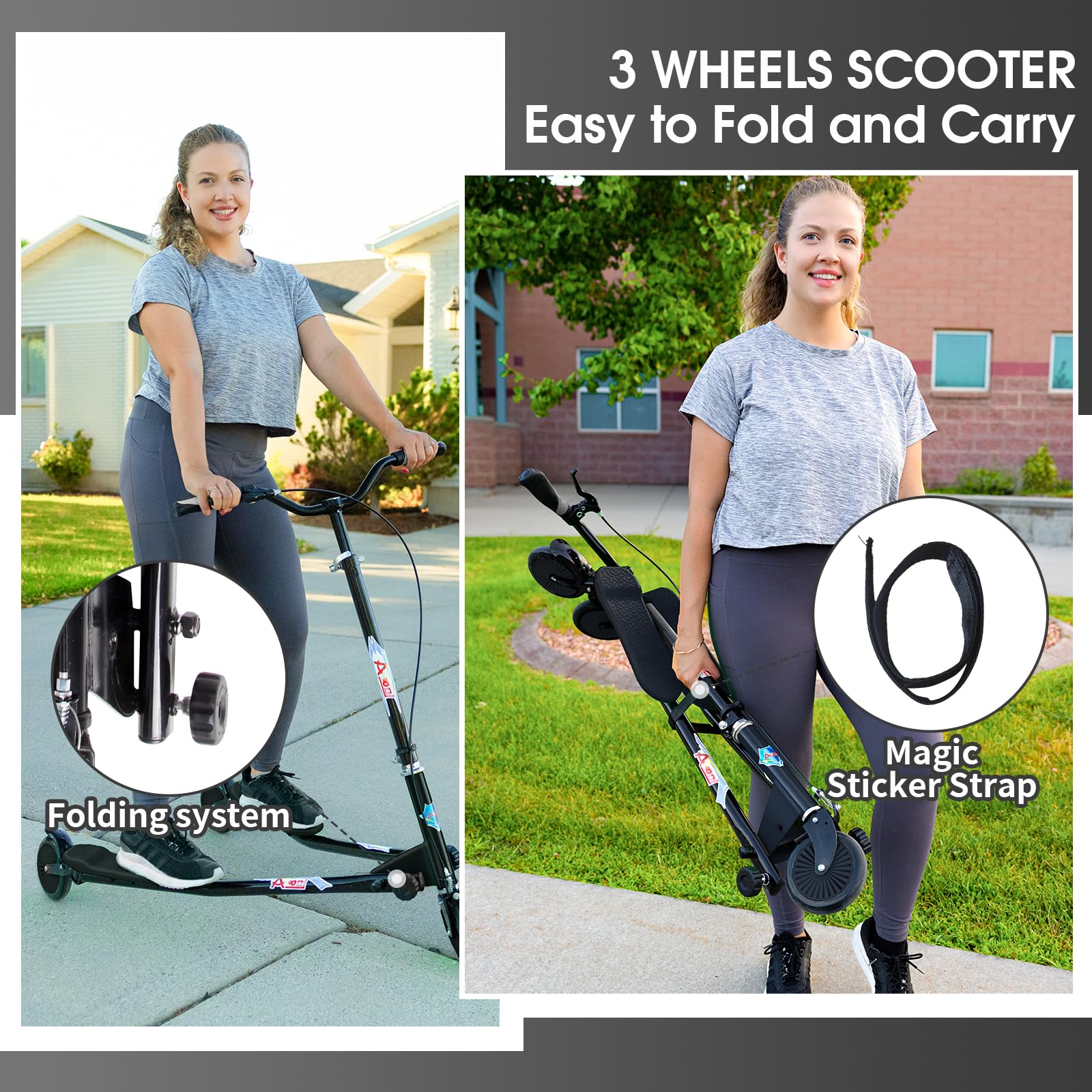 Swing Wiggle Scooter, 3 Wheels Drifting Folding Kick Scooter with 4-Level Adjustable Height/Foldable for Kids/Woman/Men Age 6+ Years Old