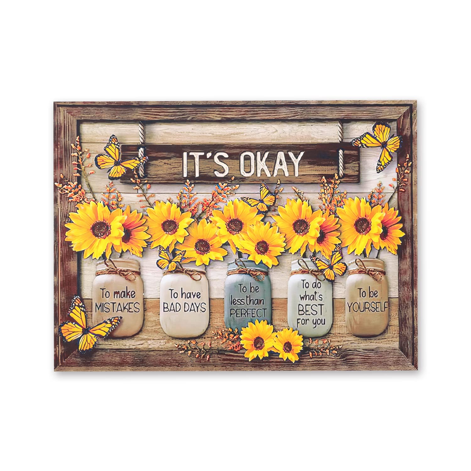 bonesweet Sunflower Motivational Wall Art It's Okay Rustic Inspirational Quotes Wall Decor with Butterfly Canvas Wall Art for Bedroom Living Room Dining Kitchen Office(16 X 12inches, Unframed)