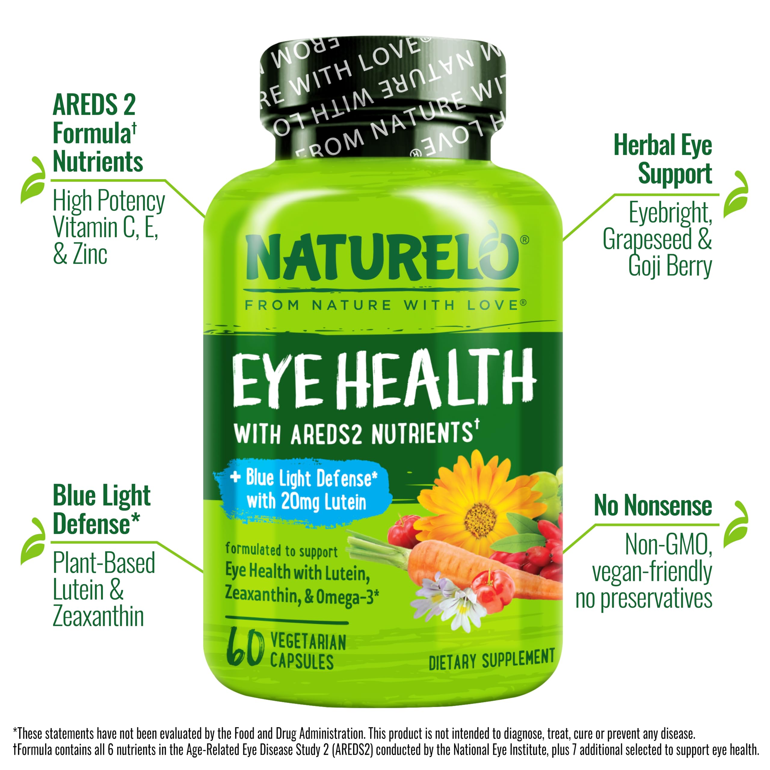 NATURELO Eye Vitamins - AREDS 2 Formula Nutrients with Lutein, Zeaxanthin, Vitamin C, E, Zinc, Plus DHA - Supplement for Dry Eyes, Healthy Vision, Eye Support - 60 Vegan Capsules