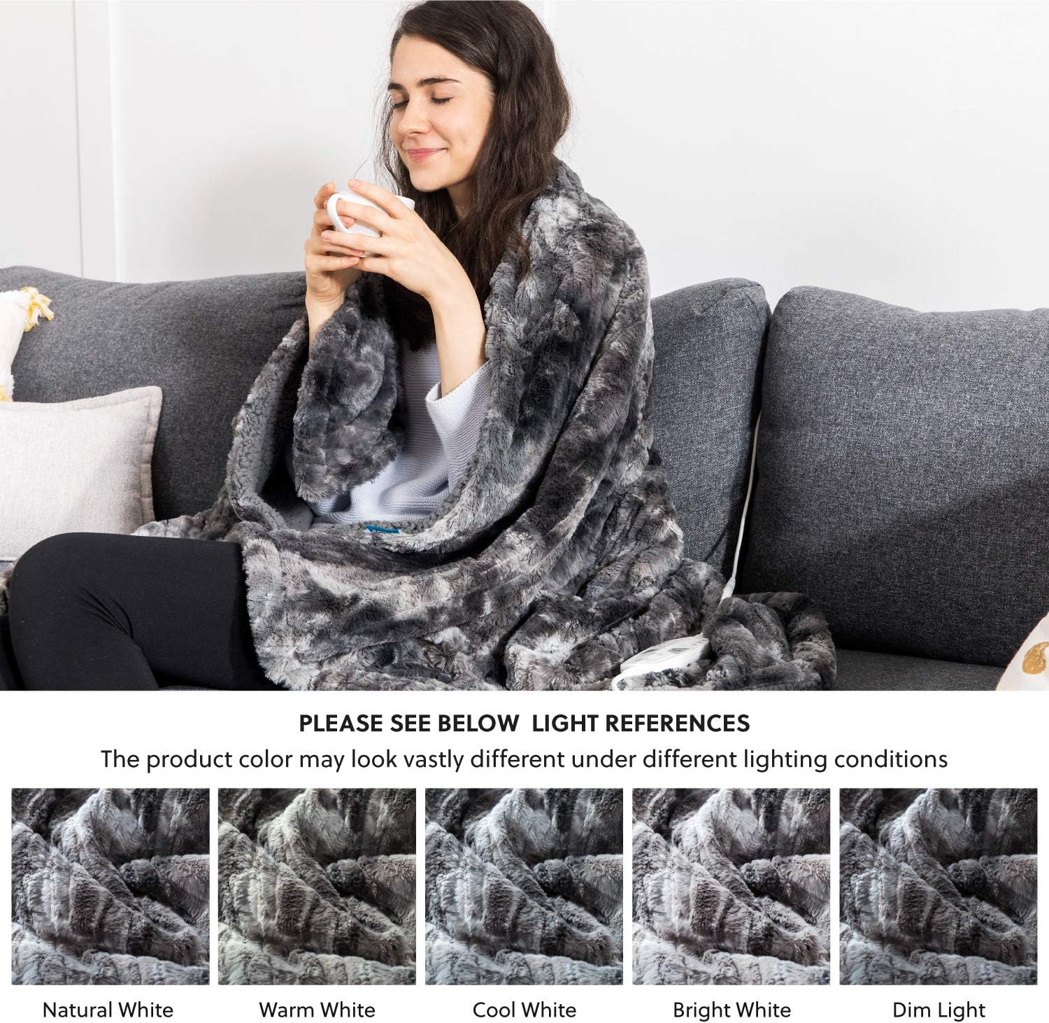 Bedsure Heated Blanket with 3 Heating Settings, 2/4/8H Timer, Auto-Off - Fast Heating Electric Blanket - Low Voltage Super Soft Faux Fur Tie Dye Fleece Throw Blanket, 50×60 Inch, Grey: Kitchen & Dining
