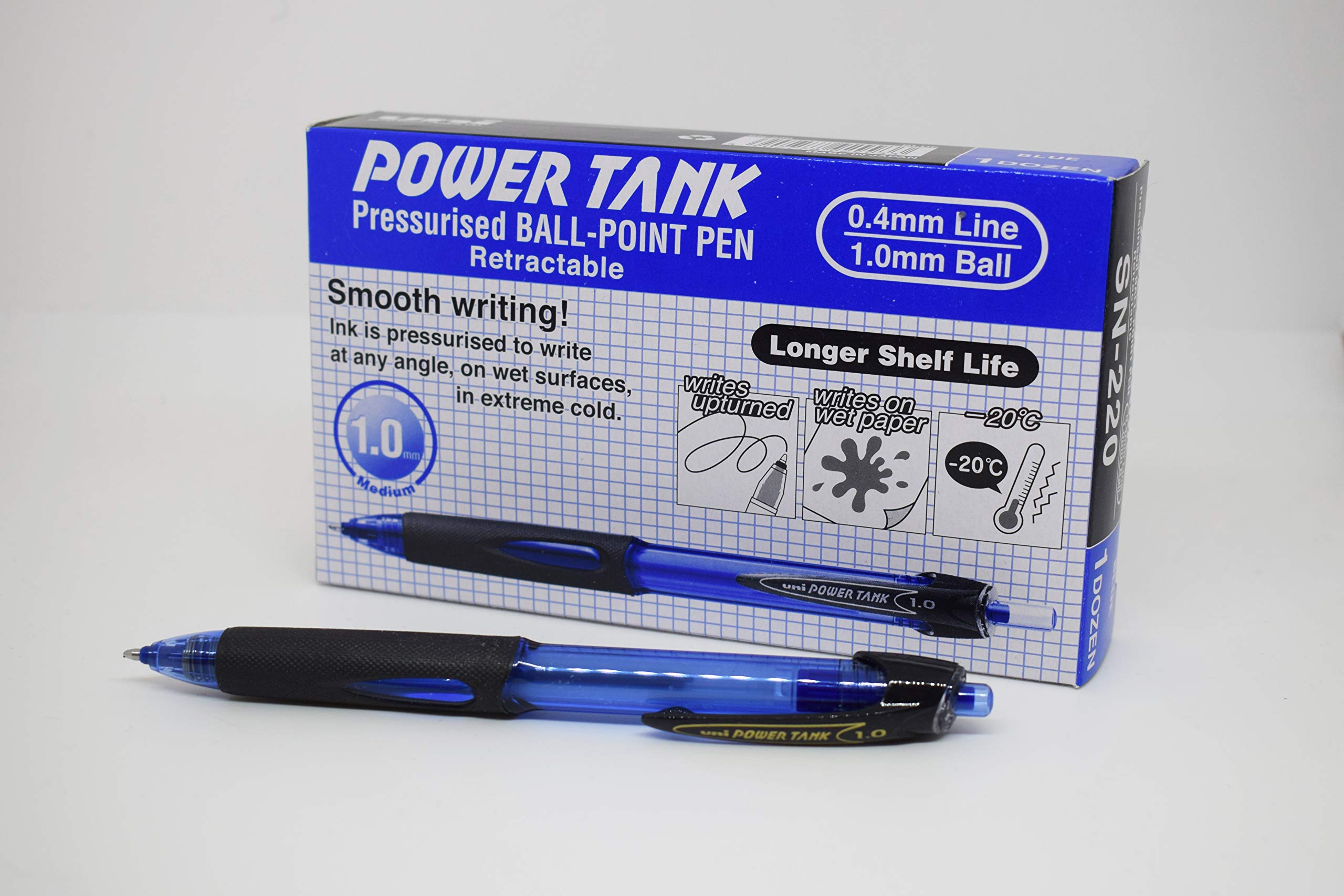 uni-ball Power Tank SN-220 Ballpoint Pens. Premium Broad 1mm Rollerball Tip. Water Resistant Uni Super Ink, Writes On Wet Paper, In Extreme Cold, At Any Angle. Perfect for Outdoor Use. Box of 12 Blue