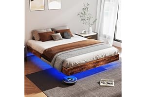 RVONOW Floating Bed Frame Queen with LED Lights, Metal Platform Queen size Floating Bed Frame with Under Bed Storage, Heavy Duty Steel Slats Support, No Box Spring Needed, Noise Free, Easy Assembly, Brown