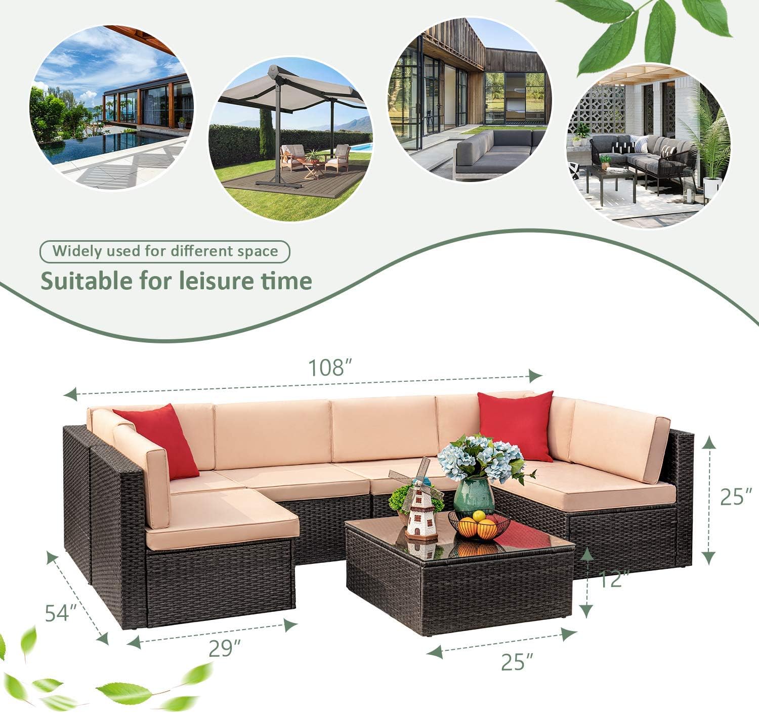 Devoko 7 Pieces Outdoor Sectional Sofa All-Weather Patio Furniture Sets Manual Weaving Wicker Rattan Patio Conversation Sets with Cushion and Glass Table (Beige): Garden & Outdoor