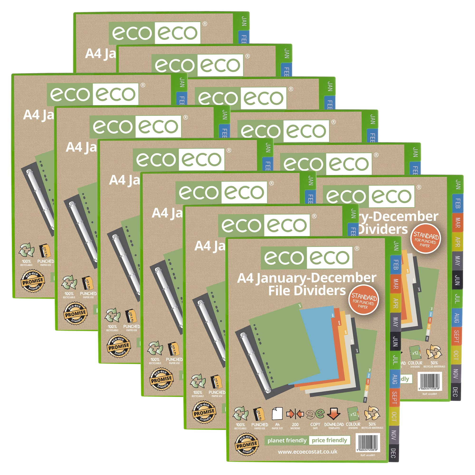 eco-eco A4 50% Recycled Multipunched Reinforced Colour January - December Subject Index File Dividers 200mic (Pack of 12), eco081x12
