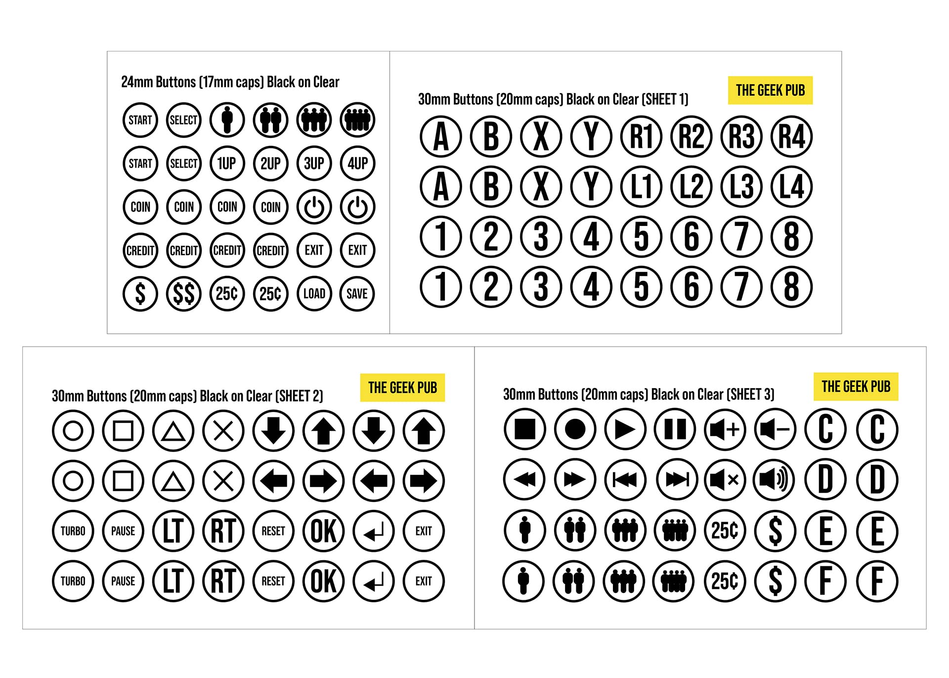 Die-Cut Arcade Button Labels (Clear) | Button Label Stickers for Arcade Cabinets | Arcade Button Cap Labels | 24mm and 30mm Button Caps