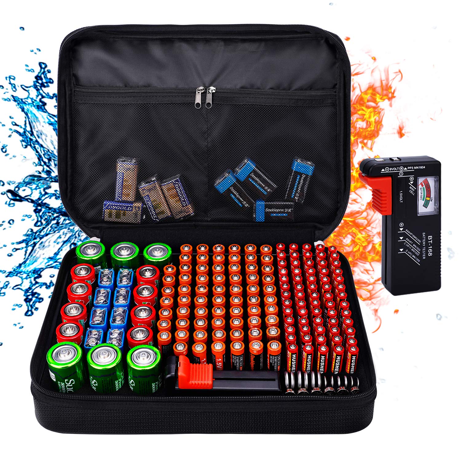 Tamfile Battery Organizer Storage Box - Holds 172 Batteries, 12.59"x8.86"x2.95" Fireproof Waterproof Carrying Case for AA/AAA/C/D/9V With Battery Tester BT-168 (Batteries Not Included)