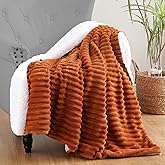 Linecooo Burnt Orange Sherpa Fleece Throw Blanket 50”×60” for Couch Sofa Bed,Double Side Soft Fuzzy Cozy Plush Thick Flannel Blanket with Striped Design Gift for Mother Woman