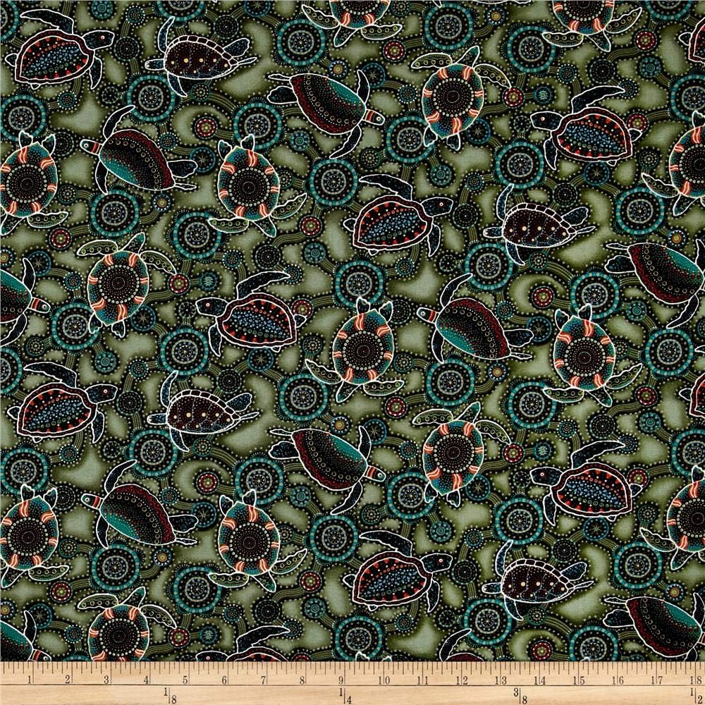 Oasis Fabrics Down Under Aboriginal Tossed Sea Turtles Green Fabric by The Yard