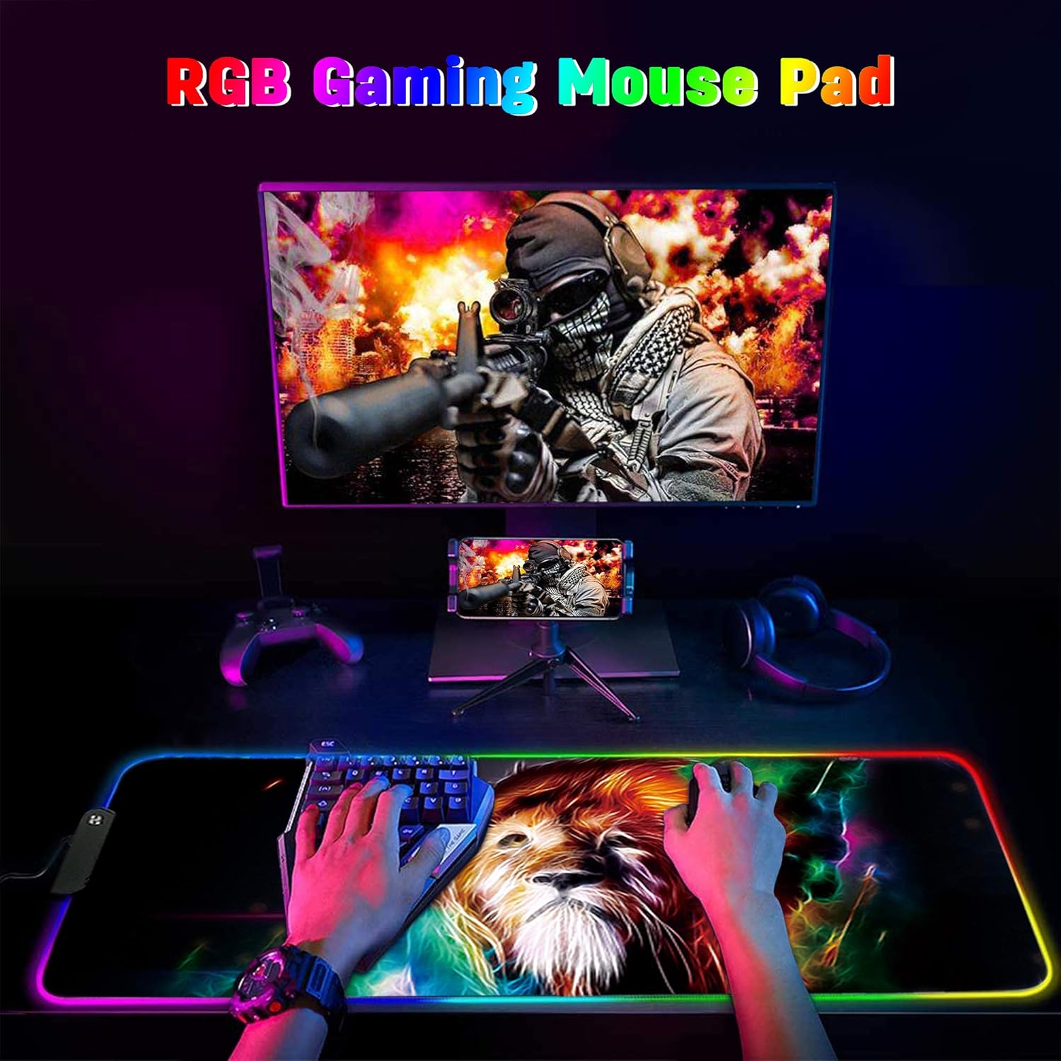 DORRISO RGB Gaming Mouse Pads Large XL 800x300x3 mm Led Mousepad Anti-Slip Rubber Base Computer Keyboard Mice Mat for PC Laptop Desk Gaming Mouse Mats Lion - Image 3