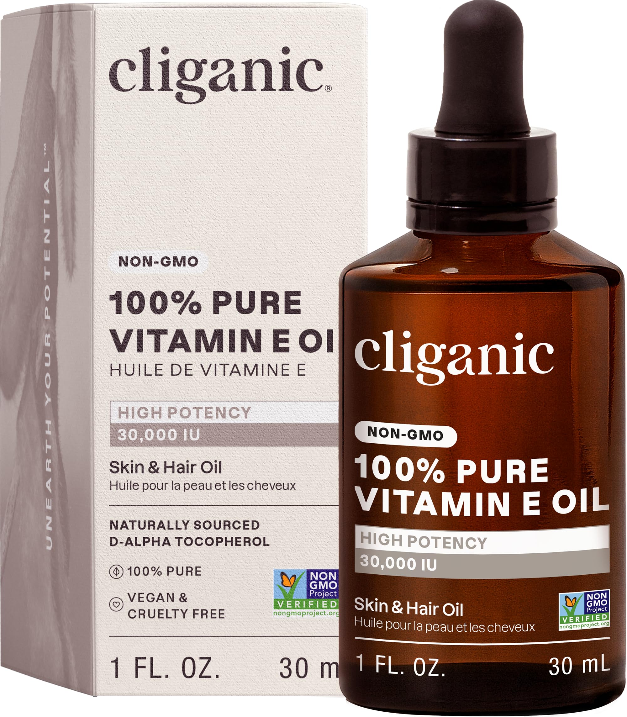 Cliganic 100% Pure Vitamin E Oil for Skin, Hair & Face - 30,000 IU, Non-GMO Verified | Natural D-Alpha Tocopherol