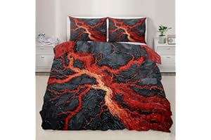 Lava Texture Cracked Marble Duvet Cover Twin Size, Magma Cracked Rock Marble Bedding Set 3 Piece, Red Lava Patterned Comforte