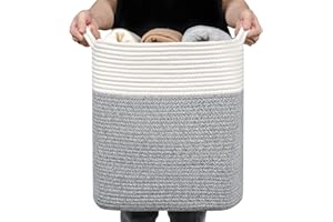 Laughbird Laundry Basket，Small Slim Laundry Hamper,Tall Cotton Storage Basket,Decorative Blanket Basket for Living,Collapsible Large Basket for Toys,Dirty Clothes Baby Pillows,Clothes Bin(White/Grey)