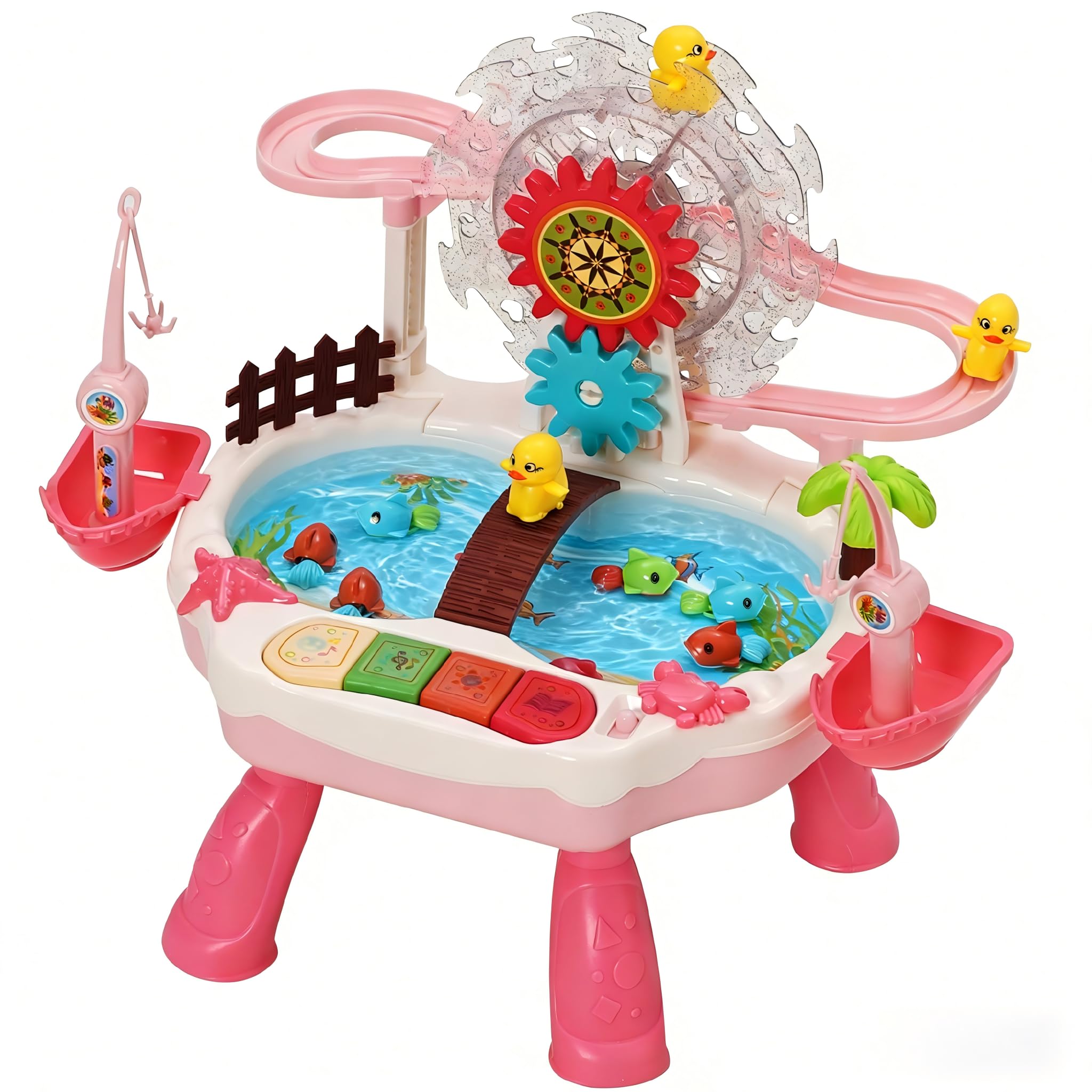 Fishing Game Toys with Music for Kid Duck Climbing Stairs Toy, Multifunctional Ferris Wheel Game with Slide,Climbing,fishing with Water,Roller Coaster Toy Set With Lights & Music
