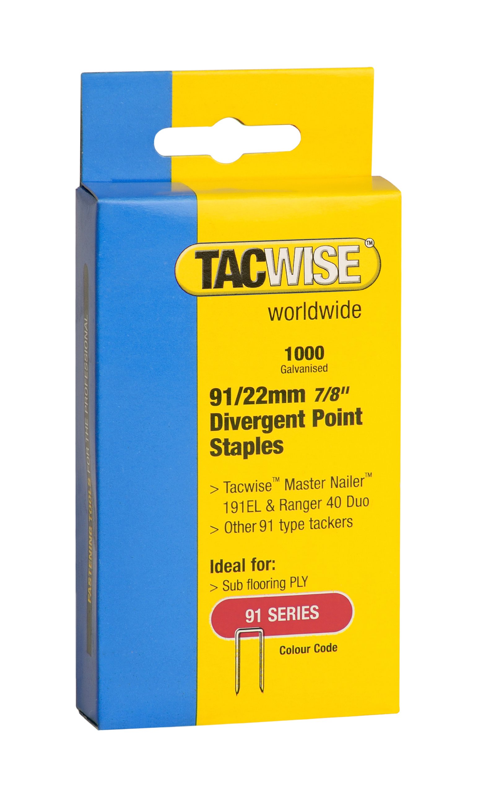 Tacwise 0288 Type 91 / 22 mm Galvanised Narrow Crown Staples, Divergent Point, Pack of 1,000