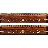 Sheesham Wood Incense Burner Holder - Set of 2 Coffin Style Sun Moon Inlay Handmade Aromatherapy Room Freshener Fragrance Cone Incense Stick Burner Ash Catcher - Zen Home Gift - 12x2x2 - COTTON CRAFT
