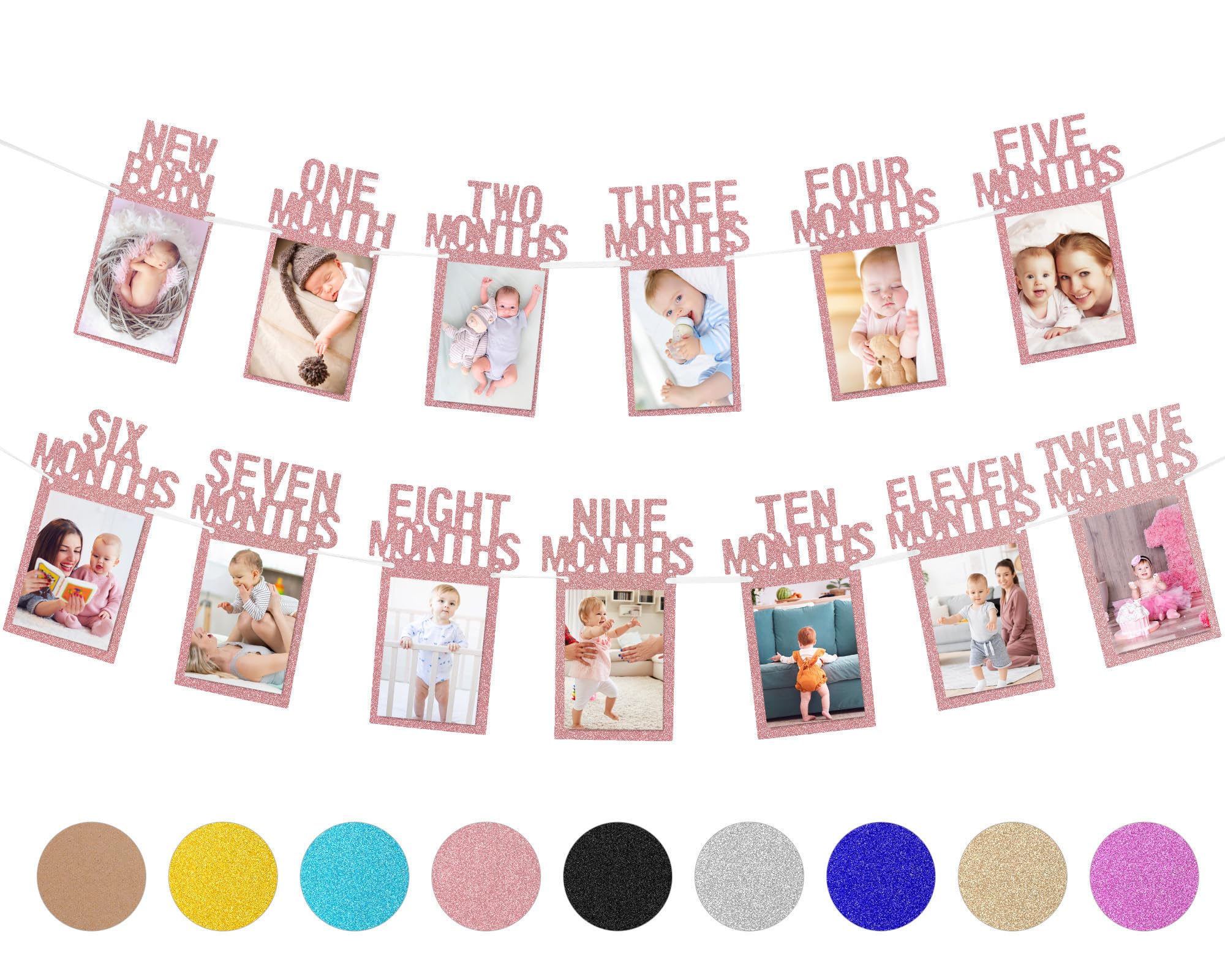 Whaline 1st Birthday Baby Photo Banner for Newborn to 12 months, Monthly Milestone Photograph Bunting Garland, First Birthday Celebration Decoration (Rose Gold)