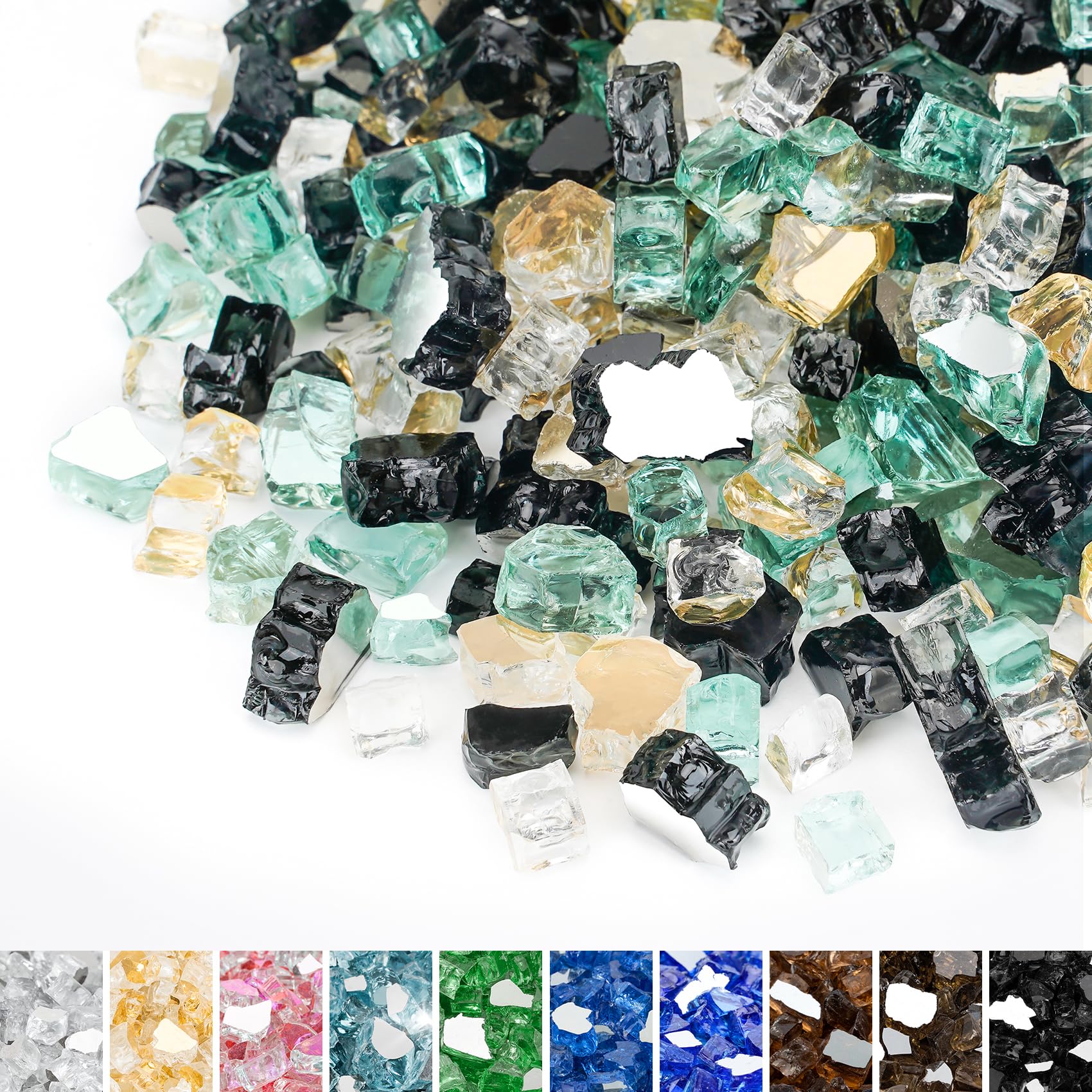 Photo 1 of Mr. Fireglass 10 Pounds Blended Fire Glass - 1/2 Inch Mixed Colored High Luster Reflective Tempered Fireglass Rocks for Fireplace Fire Pit Table and Landscaping, Light Green+Onyx Black+Platinum