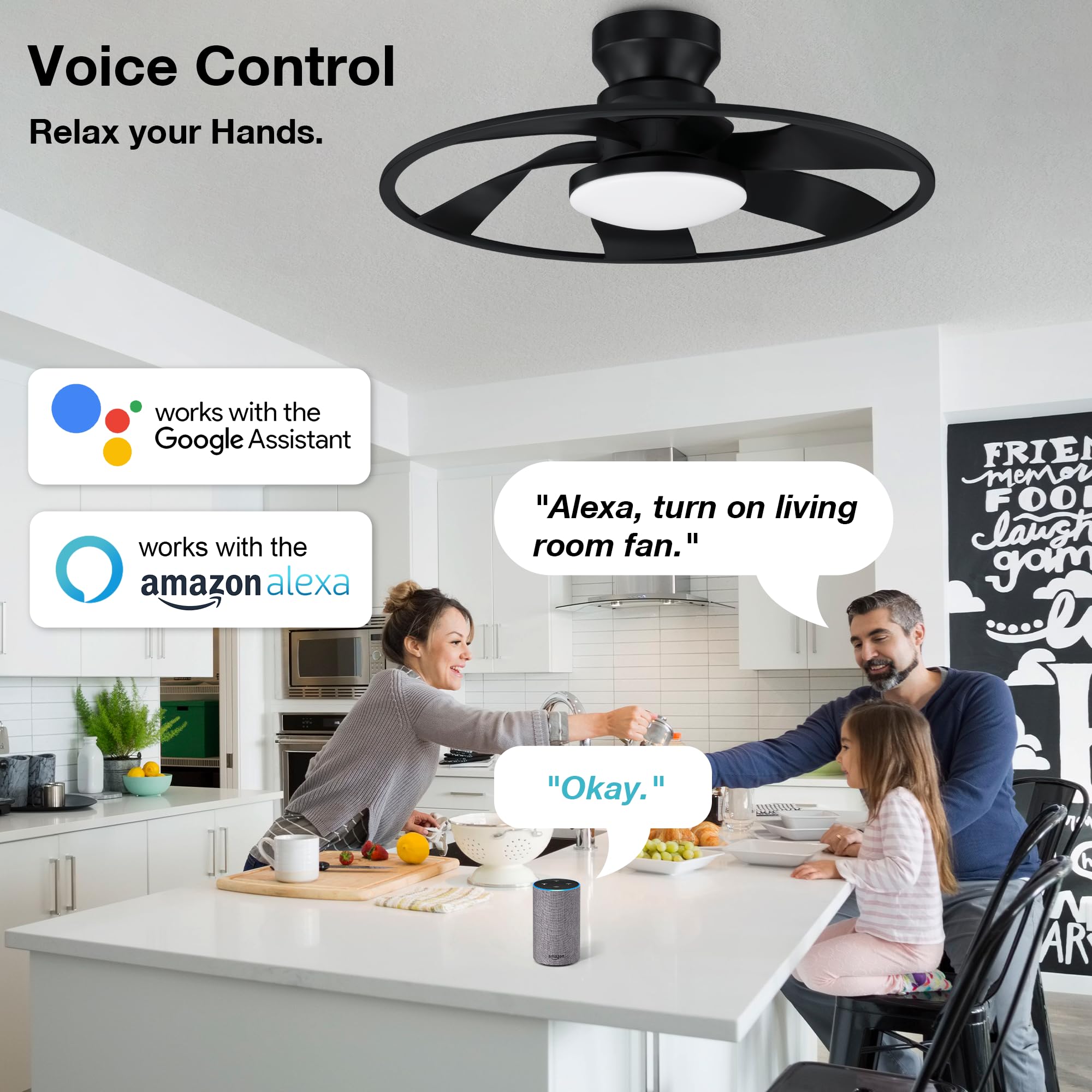 Hoenofly 22” Smart Low Profile Ceiling Fans with Lights Remote,Quiet DC Motor,Bladeless Flush Mount Ceiling Fan Controlled by WiFi Alexa App,Modern Black for Small Indoor Bedroom Outdoor Patio