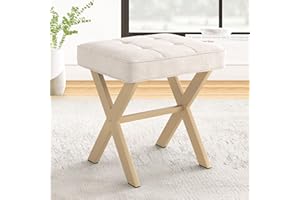 LUE BONA Square Linen Makeup Stool, Metal X Legs, Small Ottoman Stool Chair for Vanity, Modern Padded Seat Foot Rest for Makeup Room, Bathroom
