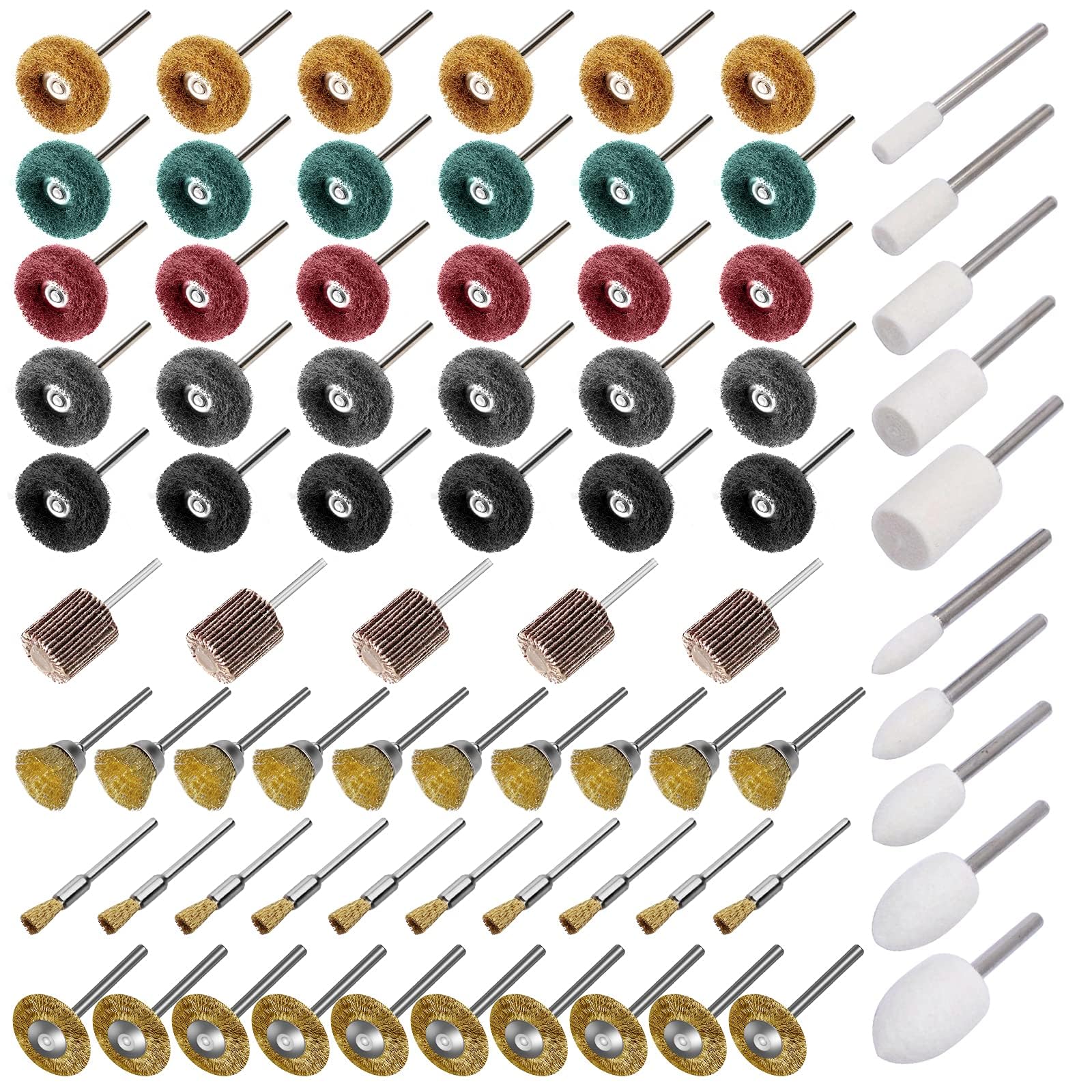 EEEKit 75PCS Abrasive Buffing Polishing Wheels Wire Brushes Set, Wool Felt Brass Brush Polishing Kit with 3mm Shank for Rotary Tool