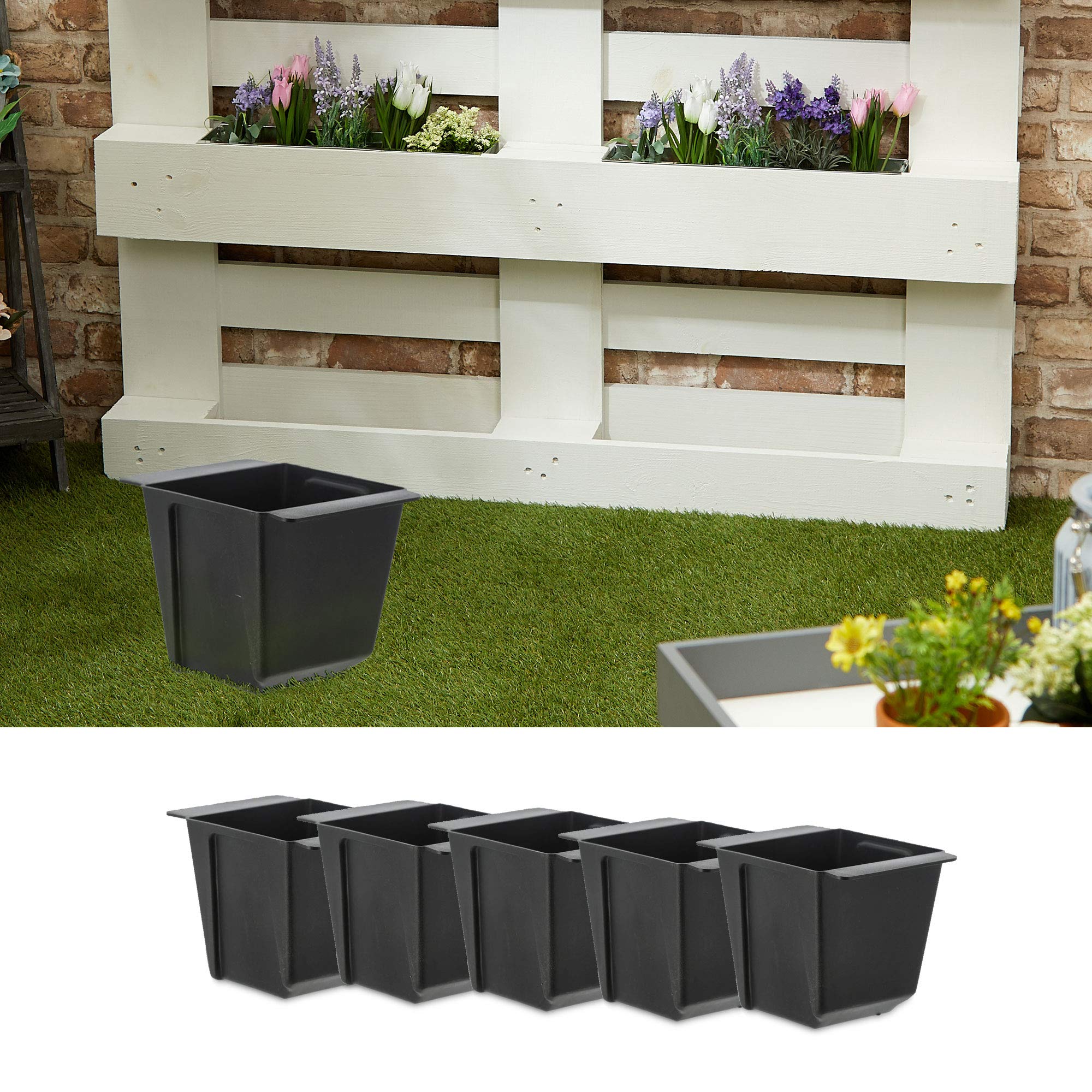 Plant box suitable for Euro pallets, set of 6, made of plastic plant pots, width 14 cm, (1 x set of 6 plant boxes, width 14 cm)