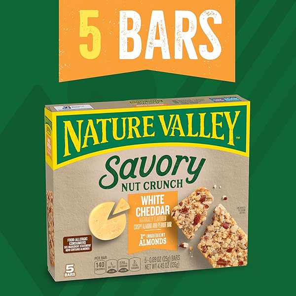 NATURE VALLEY SAVORY NUT CRUNCH BARS, WHITE CHEDDAR ALMOND AND PEANUT BAR, 5 BARS, 4.45 OZ