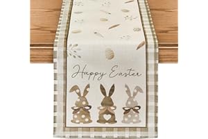 NATEBUR Linen Happy Easter Egg Rabbit Table Runner, Flower Bunny Ears Gnomes Table Decorations for Indoor Outdoor Home Party, Spring Summer Seasonal Buffalo Plaid Kitchen Dining Holiday Decor 13 x 72 Inch