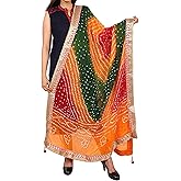 Women Jaipuri Bandhani Dupatta with Gota Work and latkan Rajasthani Silk Bandhej Multicolor Scarf