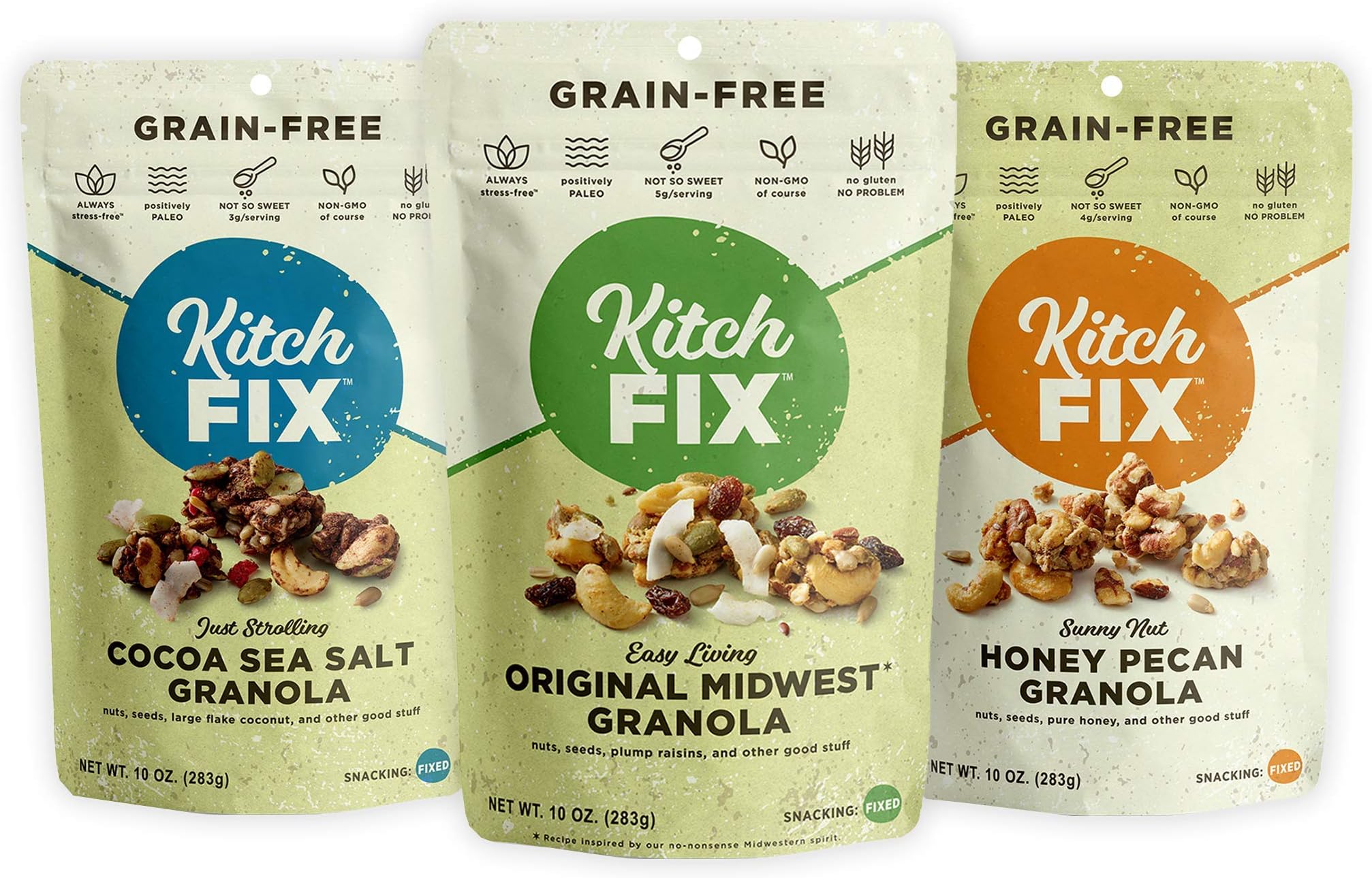 Gluten-Free, Low Sugar, Low Carb Granola by Kitchfix | Grain-Free | Paleo | Vegan Plant-Based Protein | 3 Pack Variety 10oz