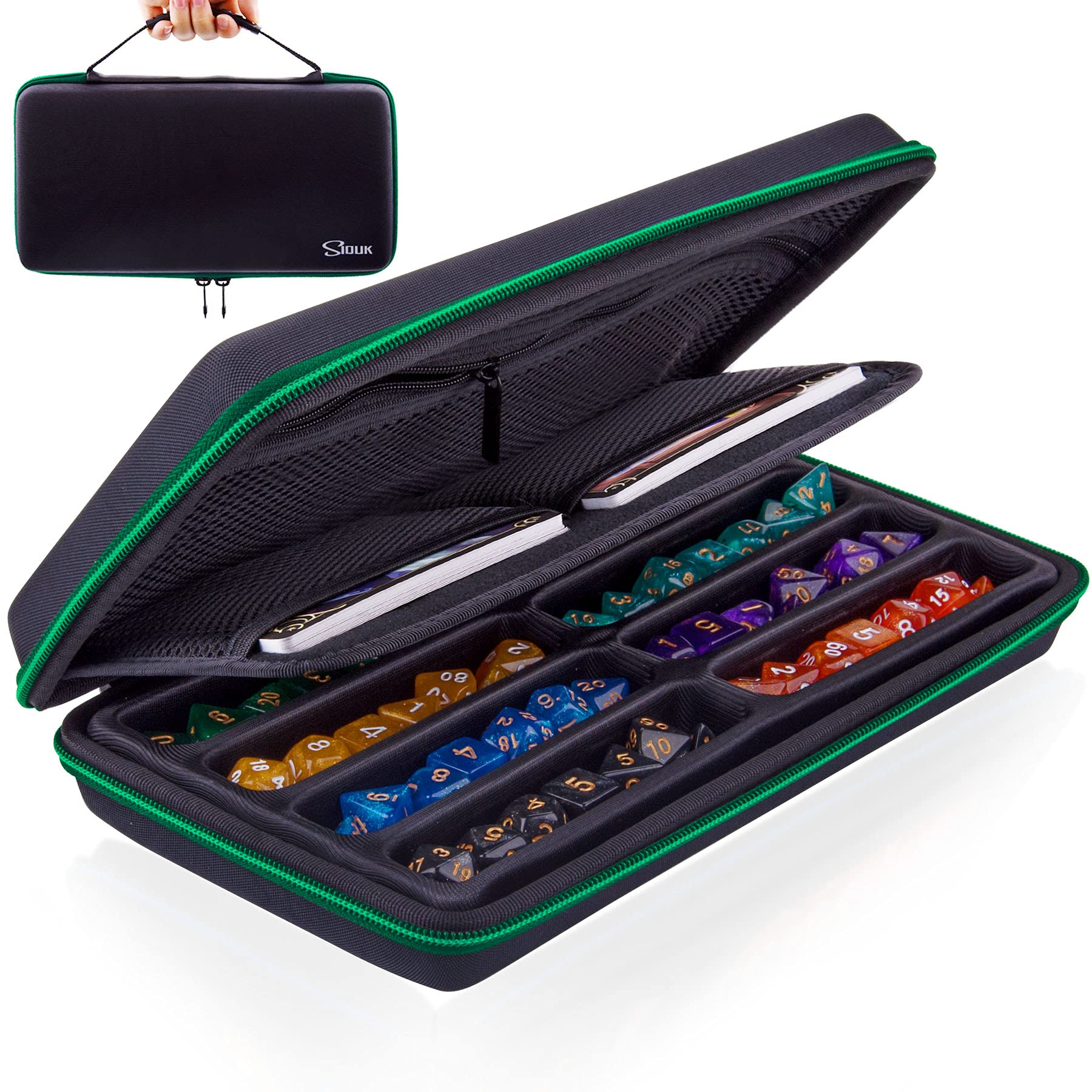 SIQUK Dice Storage Case Organiser Holder with Removable Slotted Tray and Handle for Dungeons & Dragons and Other RPG Table Games, Holds Up to 8 Sets of Dice, Green