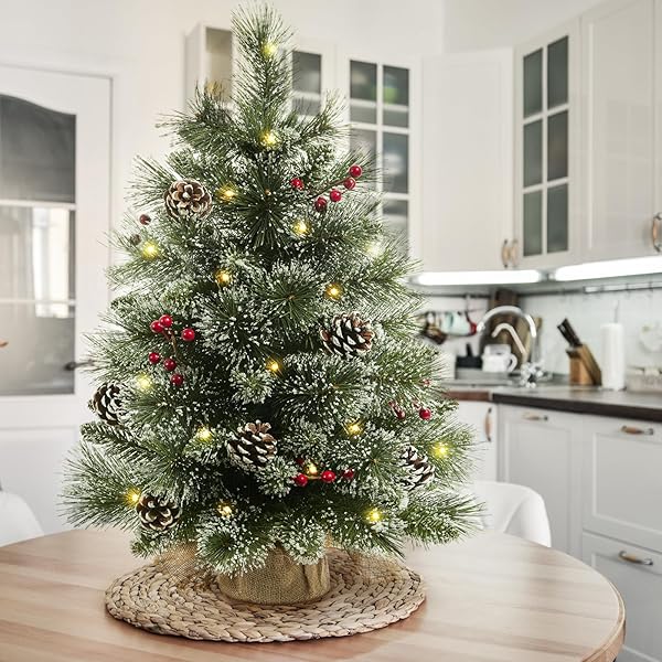 24″ MINI CHRISTMAS TREES WITH FLOCKED PINE NEEDLES, PINE CONES, BERRIES DECORATION, 2 FT DECORATED BURLAP TREES WITH 25 LED LIGHTS, KITCHEN TABLETOP ARTIFICIAL PRE LIT CHRISTMAS TREE
