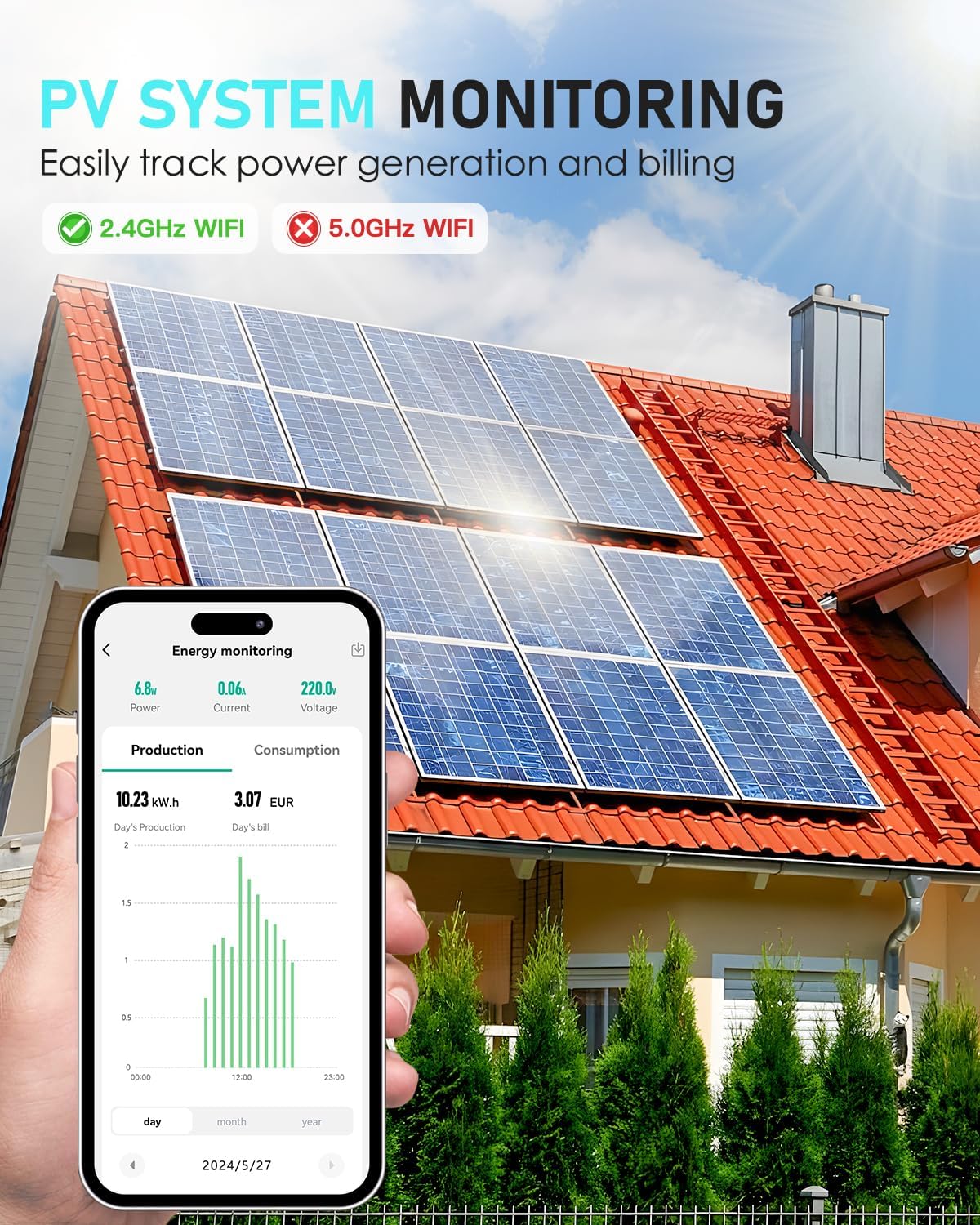 GreenSun Outdoor Stromzähler für Balkonkraftwerk, IP44 WLAN Steckdose mit Einspeisezähler & Strommessung, Smart Life App, Zeitschaltuhr, Alexa/Google, PV 16A, 2,4 GHz 6