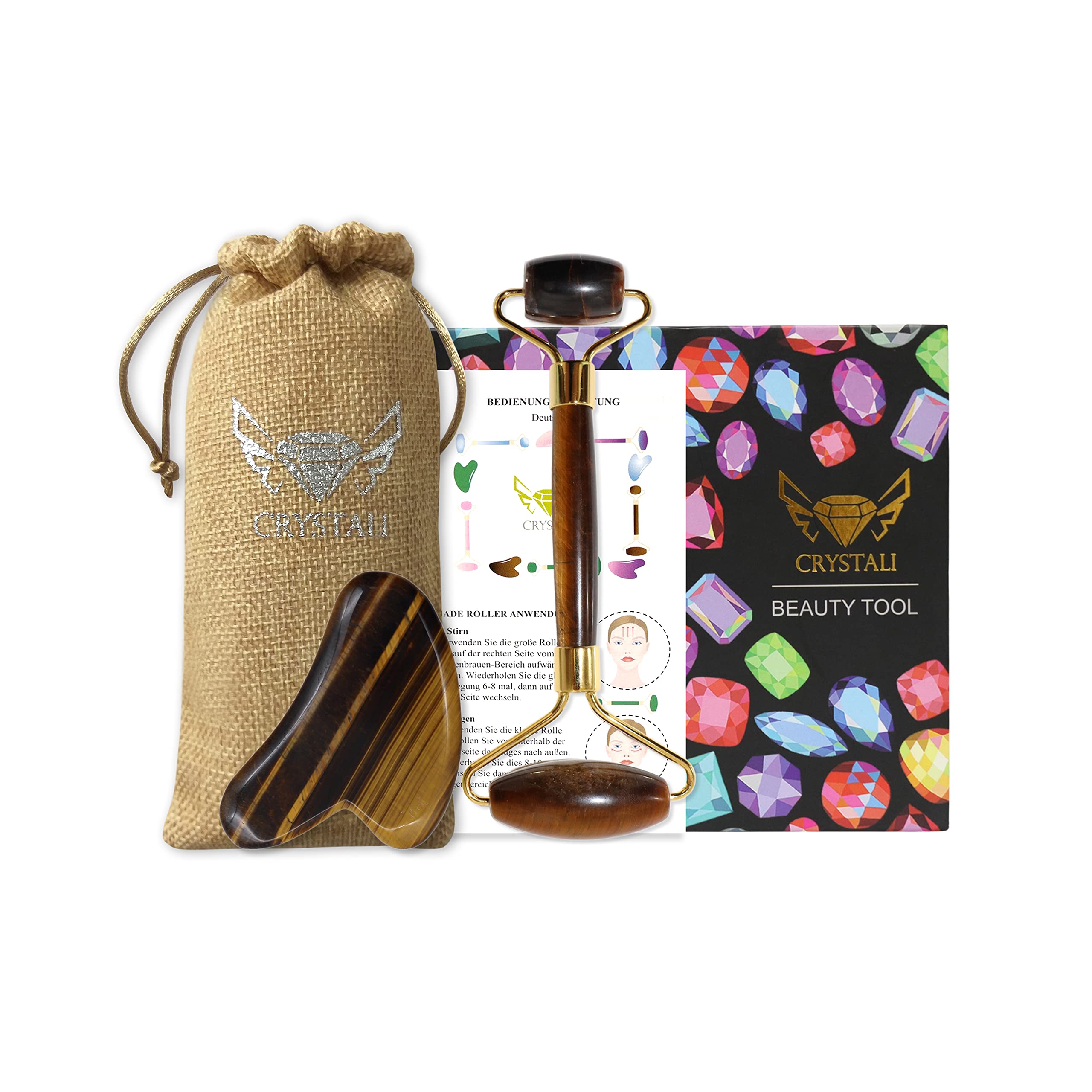 Crystali Gua Sha Set - Anti-Ageing Face Massage Roller and Scraper - Healthy, Beautiful, Young Skin - Tiger Eye from South Africa