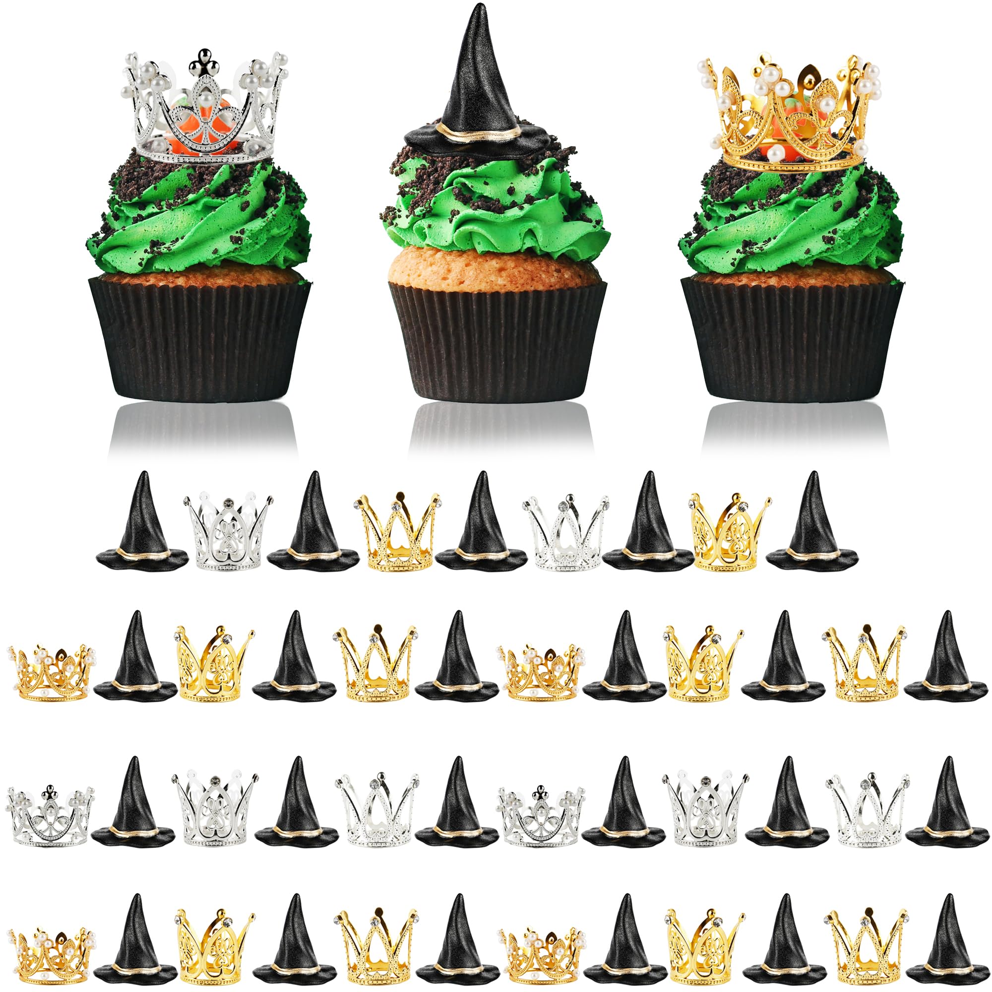 Photo 1 of 48 Pack Witch Hat and Crown Cake Topper Plastic Crown and Mini Witch Hat Cupcake Toppers for Birthday Halloween Princess Party Cake Decoration