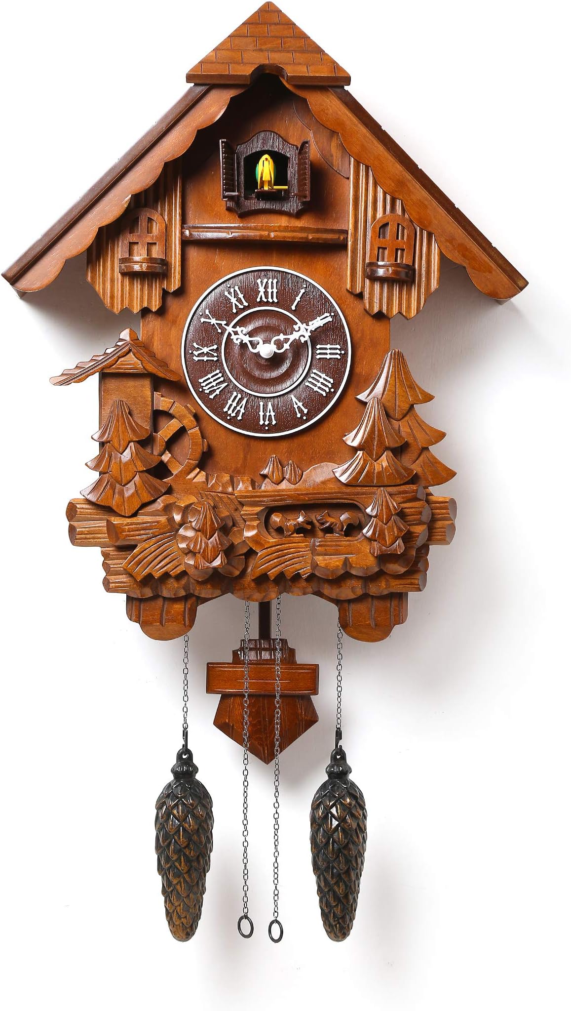 HORO (Imported - Height 9.4" inch Cuckoo Wall Clock - Roman dial (Step Movement -Brown Wooden case) auto Night Shut Off in Dark (Sensor)/Sound Control, Sound on-Off Switch 40x25x15Cms