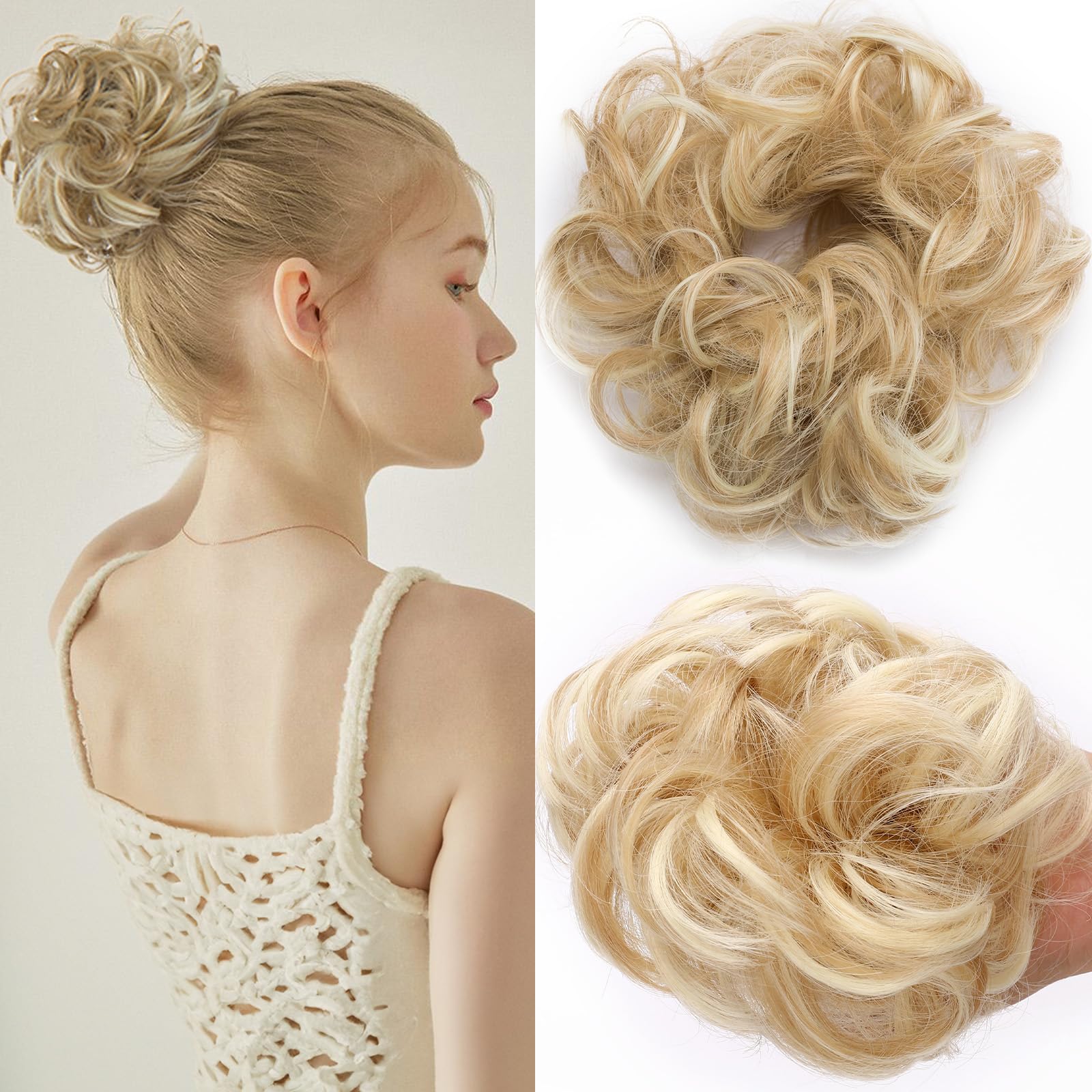 SEGOHAIR Messy Bun Hair Piece Fake Hair Bun Hair Scrunchies Bun - Lightweight 25g Synthetic Hair Bun Piece for Women, Dark Blonde to Bleach Blonde Curly Wavy Elastic updo Scrunchy Bun
