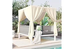 Polibi Outdoor Patio Sunbed with Beige Curtains,Outdoor Sun Lounger Bed with Pillows,Rubber Core Rope Weaving Outdoor Double Chaise Lounge Suitable for Pool,Garden,Gray+Beige