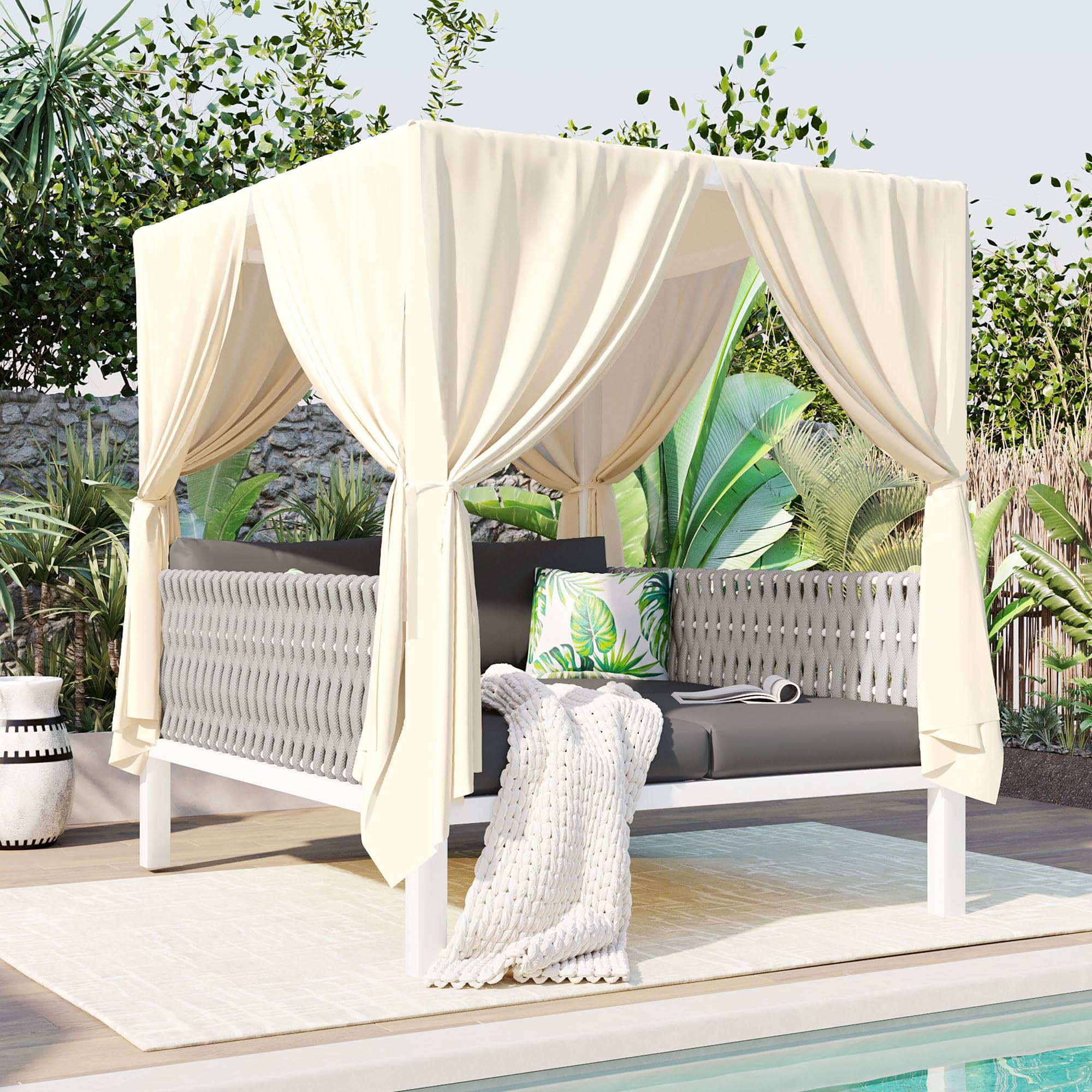 Photo 1 of *partial set*******Merax Outdoor Patio Daybed with Soft Cushions and Curtains, Double Chaise Lounge Sunbed with Rubber Core Rope Backrest and Comfy Pillows for Outside Pool,Garden,Backyard,Lawn, Gray+Beige
