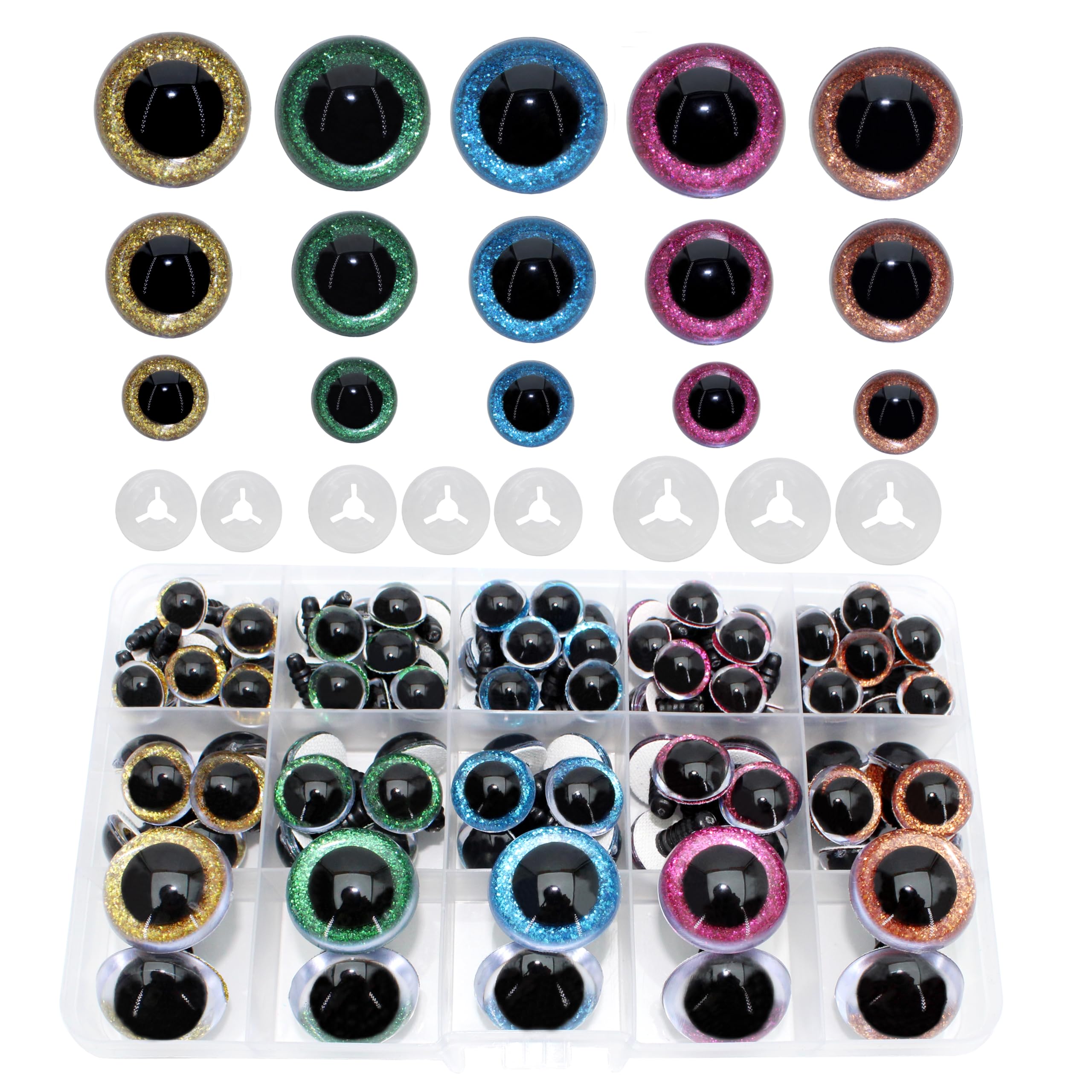 BESTCYC 1Box(80pcs) 12/16/24MM 5Colors Plastic Safety Eyes Glitter Craft Eyes Threaded Shank Design Stuffed Animal Eyes with Washers for DIY Puppet, Toy, Doll DIY Making Supplies