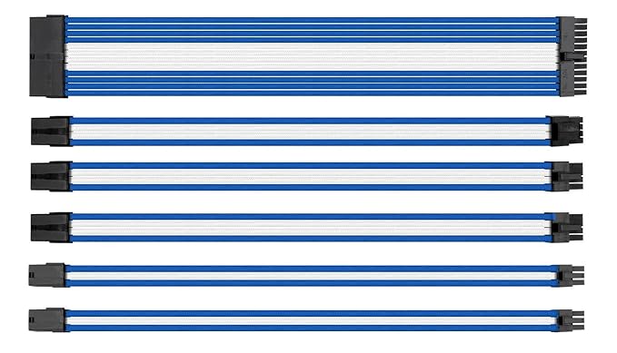 upHere Sleeved Cable - Cable extension for power supply with extra-sleeved 24 PIN 8PIN 6PIN 4+4 PIN - Blue/White with Cable Combs