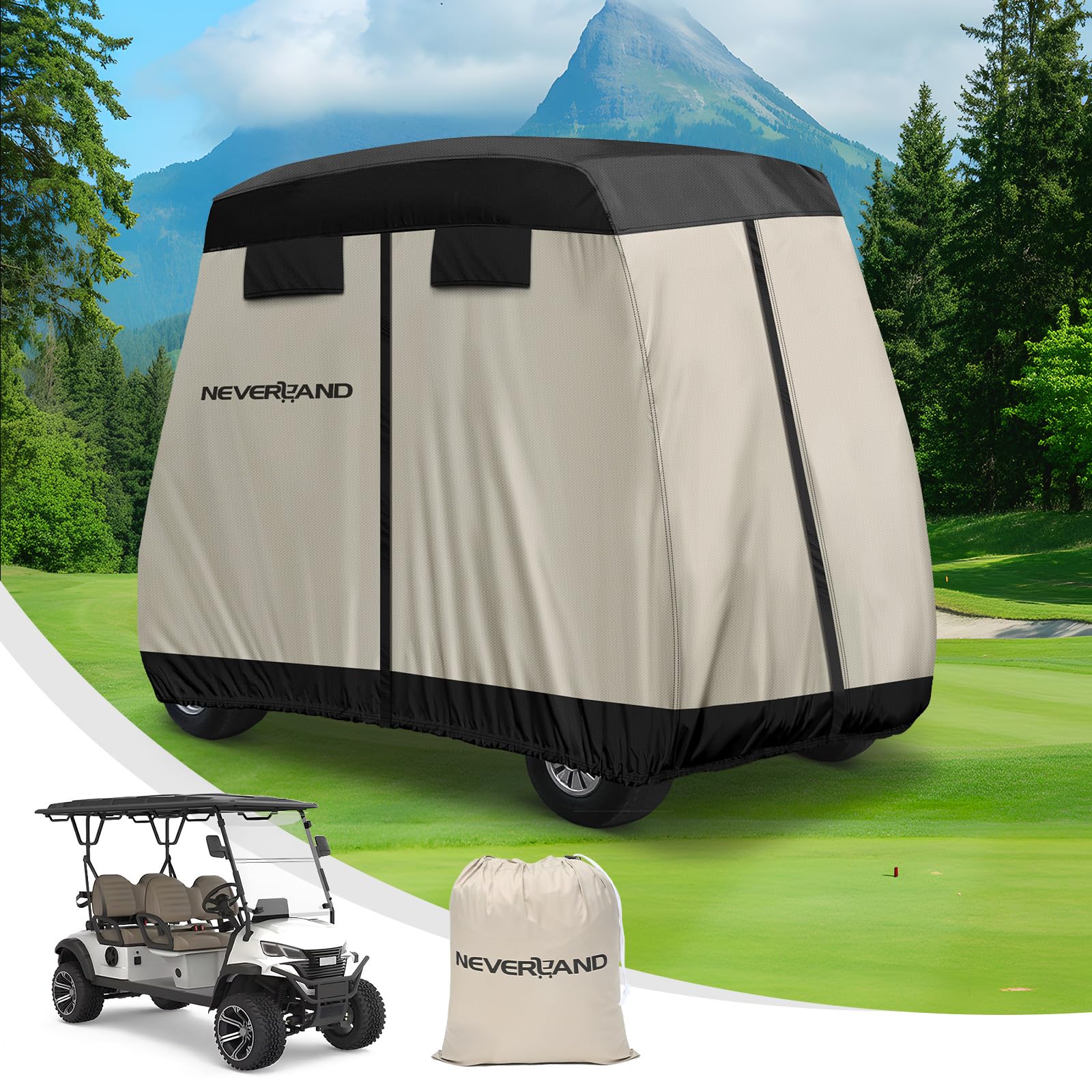 Photo 1 of NEVERLAND Golf Cart Cover 4 Passenger - Outdoor Waterprood Golf Cart Covers, 420D Club Car Golf Cart Covers With Air Vent&Zipper Compatible with EZGO Yamaha Club Car 4 Seat (Up to 112 Inch)Black+Brown