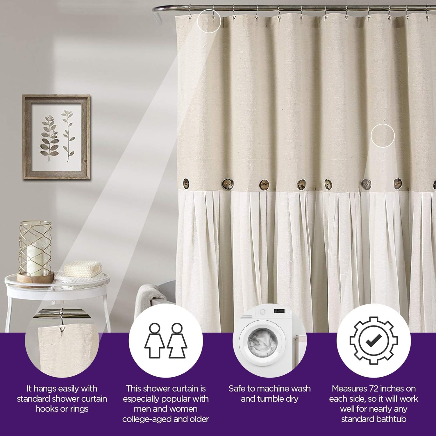 Lush Decor Button Shower Curtain, 72" X 72", Linen: Home & Kitchen
